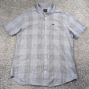 RVCA Shirt Men Extra Large Blue Linen Blend Plaid Button Up Short Sleeve Skater